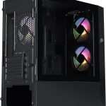 Black gaming PC case with RGB fans, transparent side panel, and rear ventilation for enhanced cooling and aesthetics