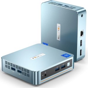 Sleek mini PC design with dual USB ports and HDMI inputs, perfect for compact computing setups