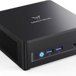 Black mini PC with USB ports and power button, ideal for compact computing solutions and efficient performance