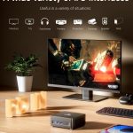 Desktop setup featuring diverse I/O interfaces for monitors, TVs, earphones, printers, projectors, and more