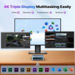4K triple display setup for multitasking with various software icons, ideal for office, education, entertainment, and business