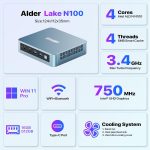 Compact Alder Lake N100 mini PC with 4 cores, 3.4GHz, 16GB RAM, 512GB storage, Win 11 Pro, WiFi, and efficient cooling