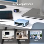 Mini PC on a desk with scene applications: living room, bedroom, office. Perfect for versatile home and work use