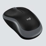 Wireless computer mouse with ergonomic design, black and grey finish, on light grey background