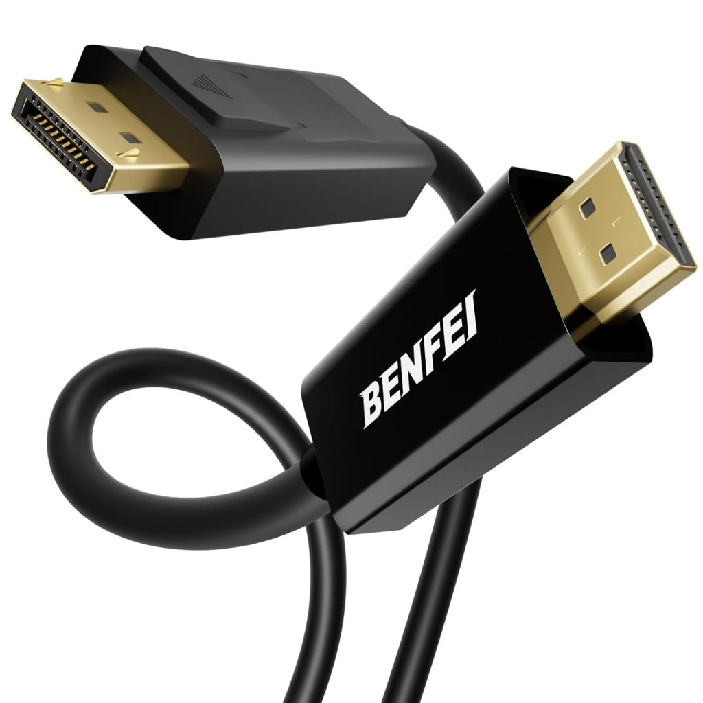Close-up of a Benfei DisplayPort to HDMI cable with gold-plated connectors for high-quality video and audio transfer