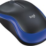 Wireless computer mouse with black and blue design, Logi brand, on a white background