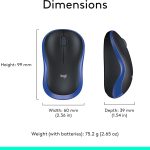 Black and blue wireless mouse dimensions: 99mm height, 60mm width, 39mm depth, and 75.2g weight with batteries