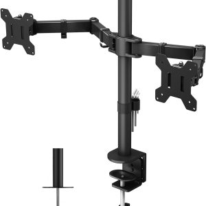Dual monitor desk mount with adjustable arms and clamps for ergonomic workspace setup