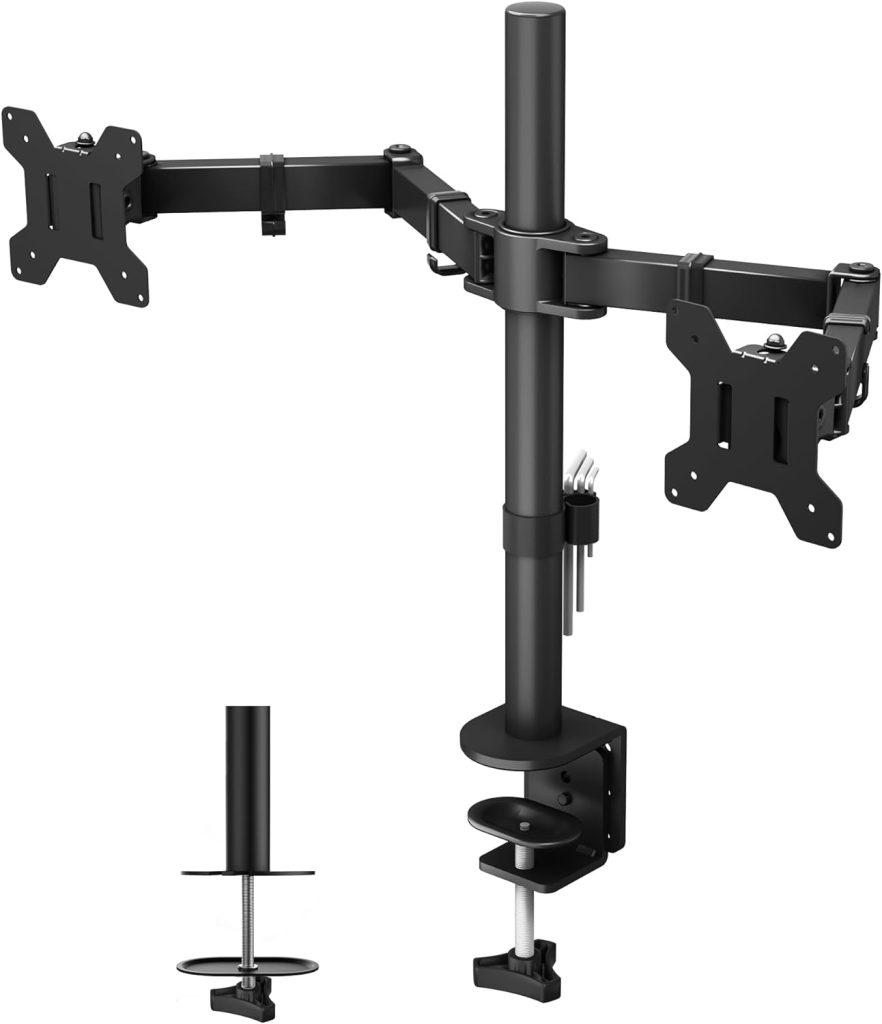 Dual monitor arm stand with adjustable height and swivel brackets for ergonomic desktop setup