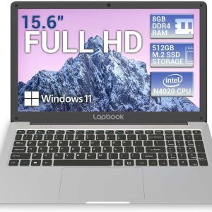 15.6 Lapbook with Full HD display, 8GB RAM, 512GB SSD, Intel N4020 CPU, and Windows 11, showcasing a snowy mountain
