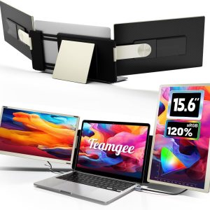 Triple screen laptop setup with vibrant dual monitors, 15.6-inch display, 120% sRGB, enhancing productivity and color accuracy
