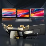 Triple-screen laptop setup with flexible dual side monitors, showcasing a 235-degree rotation and adjustable angles