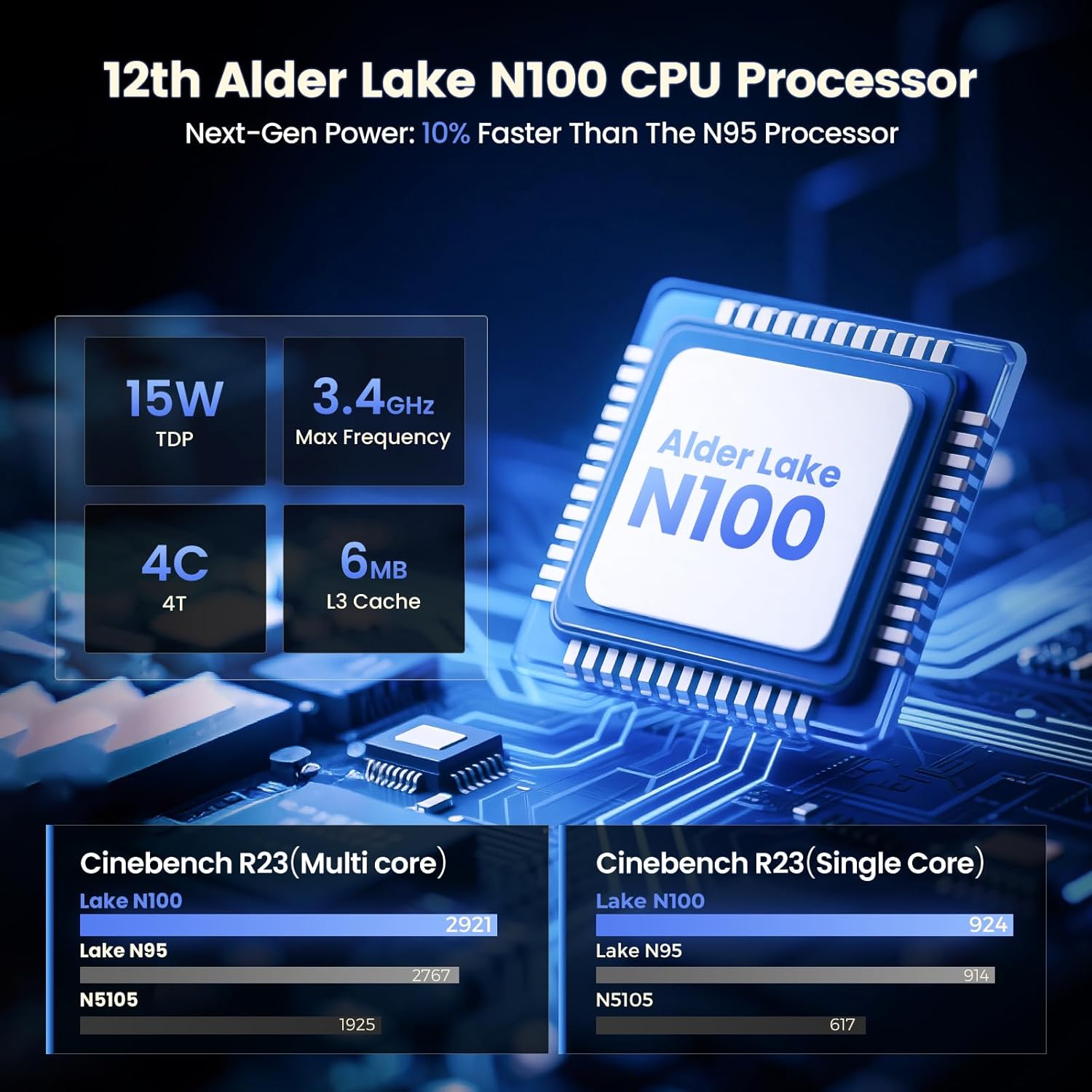 12th Gen Alder Lake N100 CPU, 15W TDP, 3.4GHz, 6MB L3 Cache, 10% faster, Cinebench R23 benchmark performance comparison