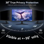 Monitor showing privacy filter technology with 30-degree visibility, blocking view from side angles for privacy protection