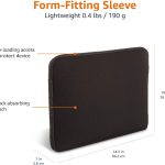 Form-fitting laptop sleeve with shock absorption, top-loading access, measures 14.3x10.6 inches, weighs 0.4 lbs