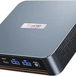 Compact grey mini PC with USB ports and power button, sleek design and brand logo on top, suitable for home or office use
