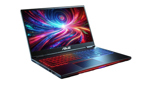 Asus gaming laptop with colorful galaxy screen and LED backlit keyboard, isolated on white background