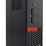 Compact Lenovo ThinkCentre desktop in black, showcasing USB ports and audio jacks on the front panel