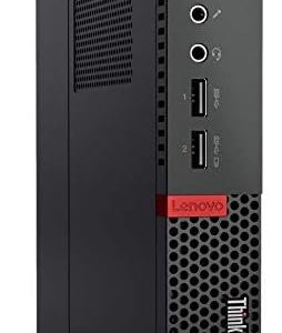 Compact Lenovo ThinkCentre desktop in black, showcasing USB ports and audio jacks on the front panel