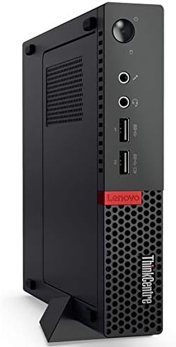 Compact Lenovo ThinkCentre desktop in black, showcasing USB ports and audio jacks on the front panel