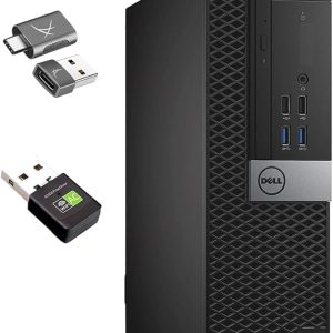 Black Dell desktop tower with various USB adapters including Type-C and WiFi dongle for enhanced connectivity