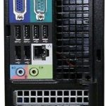 Back panel of a desktop computer showing various input and output ports for connectivity and hardware interface