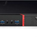 Lenovo ThinkCentre compact desktop PC showing front USB ports and ventilation design