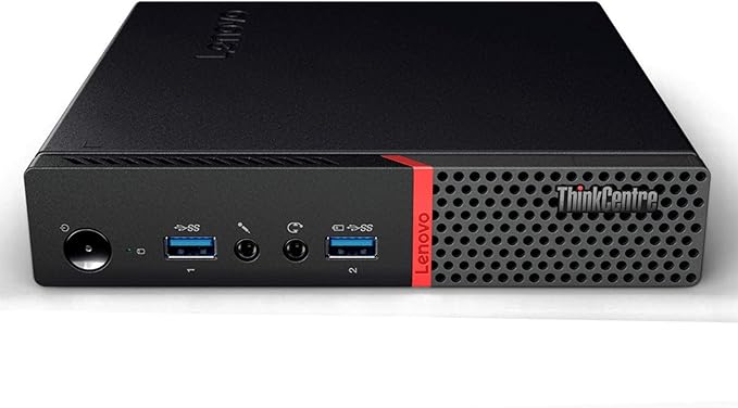 Lenovo ThinkCentre compact desktop PC showing front USB ports and ventilation design