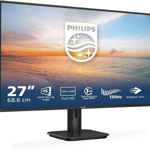 27-inch Philips monitor with Full HD, 120Hz, IPS display and 1ms response time, showcasing a sunset background